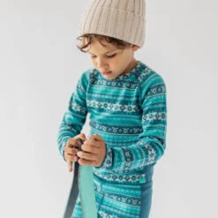 Legging Turquoise En Laine Mérinos Avec Motifs Jacquard, Enfant -Souris Mini Boutique 11 polar 1
