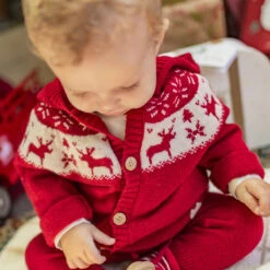 Cardigan Rouge En Tricot Avec Motifs Jacquard, Naissance 13 Cardigan Rouge En Tricot Avec Motifs Jacquard, Naissance -Souris Mini Boutique 14 layette
