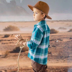 Chemise Turquoise à Carreaux, Enfant -Souris Mini Boutique 14 rodeo