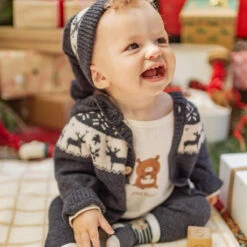 Cardigan Gris En Tricot Avec Motifs Jacquard, Naissance 8 Cardigan Gris En Tricot Avec Motifs Jacquard, Naissance -Souris Mini Boutique 21 layette 1