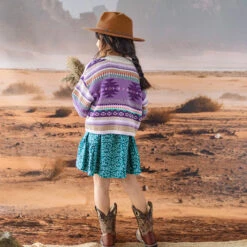 Cardigan Beige Et Mauve En Tricot Avec Motifs, Enfant -Souris Mini Boutique 22 rodeo