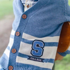 Cardigan Bleu En Tricot Avec Rayures, Enfant -Souris Mini Boutique 4 college