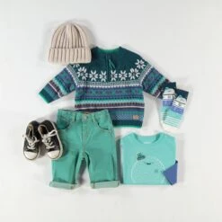 Chandail Bleu Sarcelle En Tricot Avec Motifs, Bébé -Souris Mini Boutique Bebe6 3