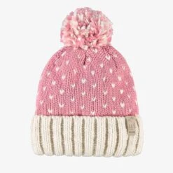 Tuque Rose Et Crème En Tricot Avec Cœurs, Enfant