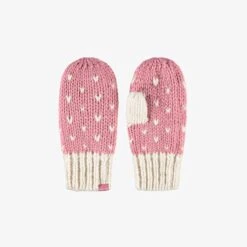 Mitaines Rose Et Crème En Tricot Avec Cœurs, Enfant