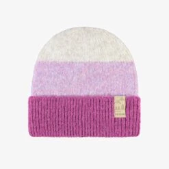 Tuque Crème Et Mauve En Tricot Avec Rayures, Enfant