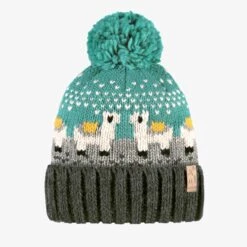 Tuque Turquoise Et Gris En Tricot Avec Lamas, Enfant