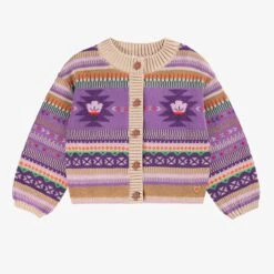 Cardigan Beige Et Mauve En Tricot Avec Motifs, Enfant