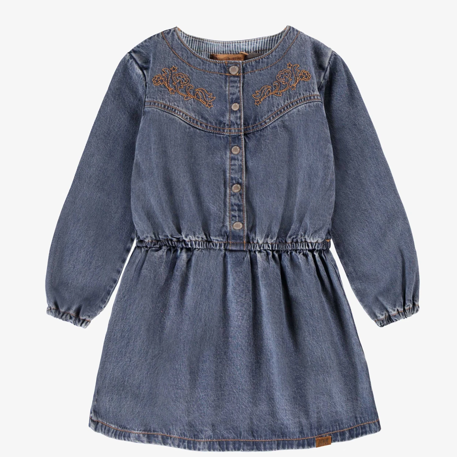 Robe Bleue En Denim Avec Broderies, Enfant 1 Robe Bleue En Denim Avec Broderies, Enfant