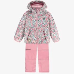 Habit De Neige Deux Pièces Rose Avec Fleurs, Enfant