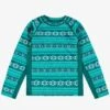 Chandail Turquoise En Laine Mérinos Avec Motifs Jacquard, Enfant