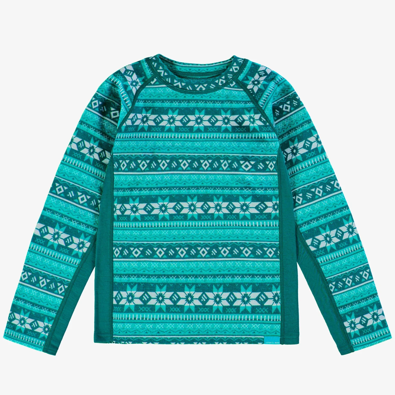 Chandail Turquoise En Laine Mérinos Avec Motifs Jacquard, Enfant 1 Chandail Turquoise En Laine Mérinos Avec Motifs Jacquard, Enfant