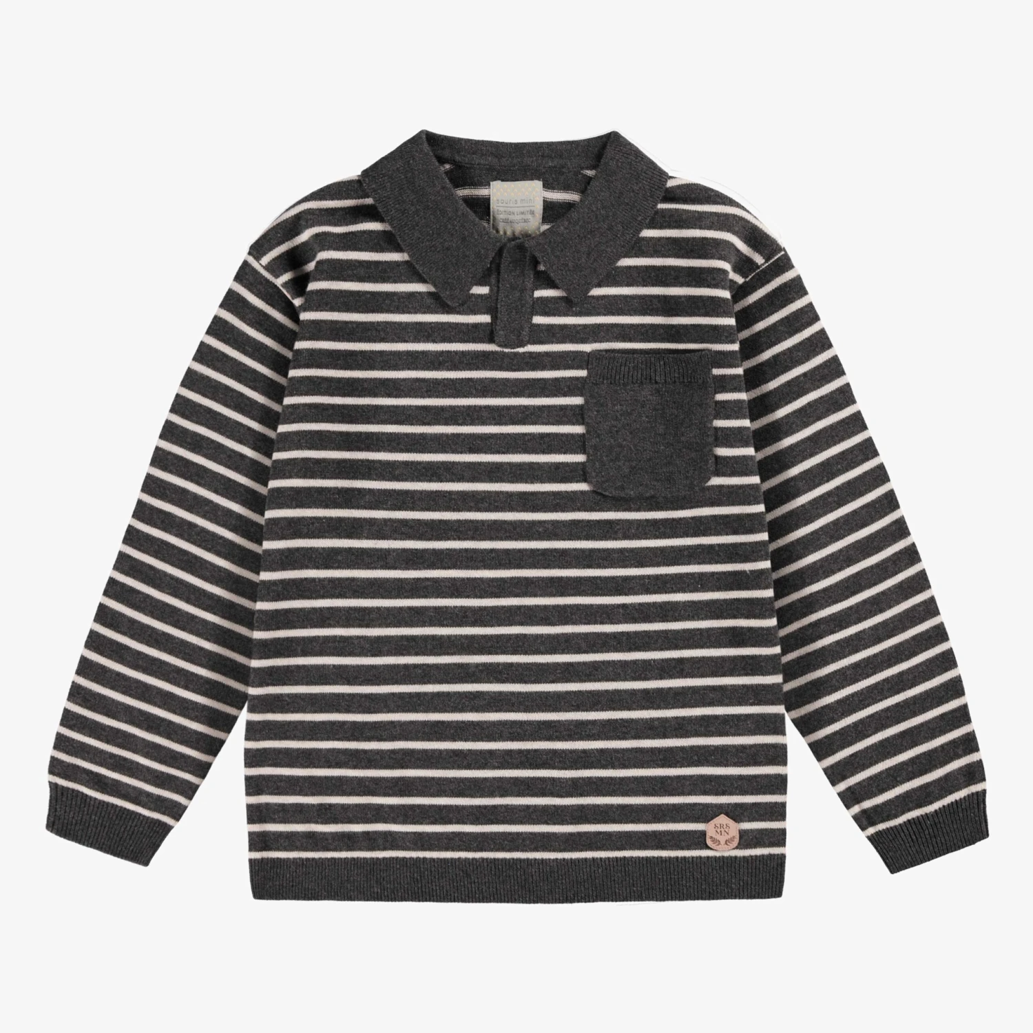 Polo Gris En Tricot Avec Rayures, Enfant 1 Polo Gris En Tricot Avec Rayures, Enfant