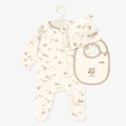 L’ensemble Pyjama, Bavoir Et Chapeau Crème Et Beige, Naissance