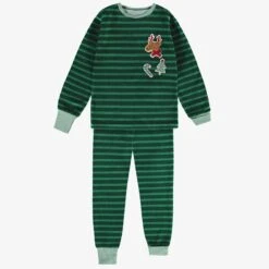 Pyjama Deux Pièces En Velours Vert à Rayures, Enfant