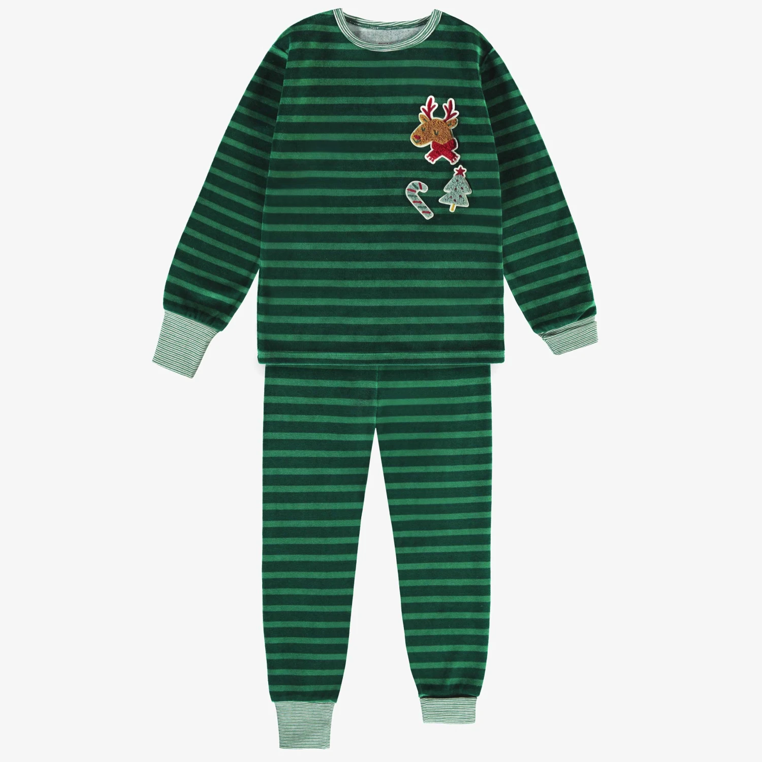 Pyjama Deux Pièces En Velours Vert à Rayures, Enfant 1 Pyjama Deux Pièces En Velours Vert à Rayures, Enfant