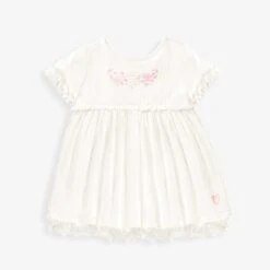 Robe Blanche En Jersey Crêpé Avec Broderies De Fleurs, Bébé
