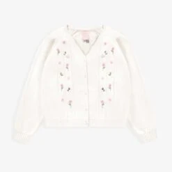 Cardigan Blanc En Tricot Avec Détails Ajourés Et Fleurs Crochetées, Enfant