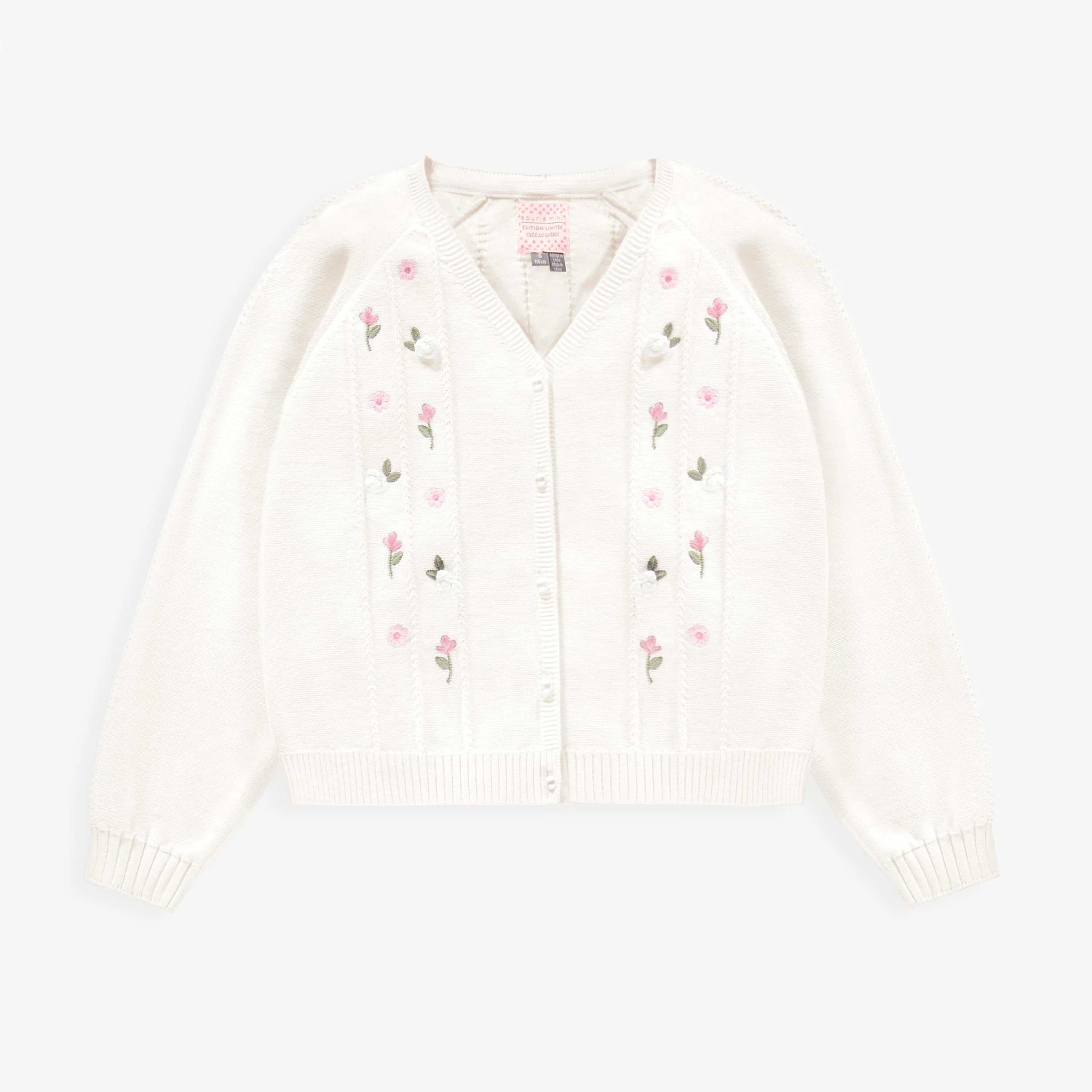 Cardigan Blanc En Tricot Avec Détails Ajourés Et Fleurs Crochetées, Enfant 1 Cardigan Blanc En Tricot Avec Détails Ajourés Et Fleurs Crochetées, Enfant