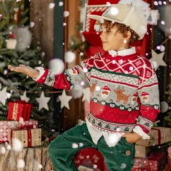 Chandail Rouge En Tricot à Motifs Festifs, Enfant -Souris Mini Boutique chandail noel garcon tricot rouge motifs renne pere noel jpg