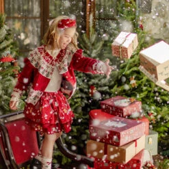 Cardigan Rouge En Tricot Avec Motifs Jacquard, Enfant -Souris Mini Boutique ensemble fille noel jupe rouge cardigan festif collection fetes jpg 1