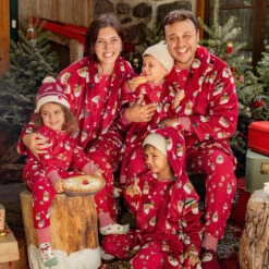 Pantalon De Pyjama Rouge à Motifs Festifs, Adulte -Souris Mini Boutique famille pyjamas noel rouges peignoirs assortis moment festif jpeg 1
