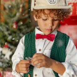 Nœud Papillon Rouge En Twill, Enfant 9 Nœud Papillon Rouge En Twill, Enfant -Souris Mini Boutique look fetes garcon chemise sapins noeud papillon rouge gilet tricot vert jpg