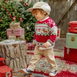 Chandail Rouge En Tricot à Motifs Festifs, Bébé -Souris Mini Boutique pull noel enfant rouge gris renne pere noel look hiver souris mini jpg