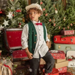 Pantalon Gris En Flanelle, Enfant -Souris Mini Boutique tenue noel garcon chemise blanche noeud papillon rouge gilet tricot vert jpg 2